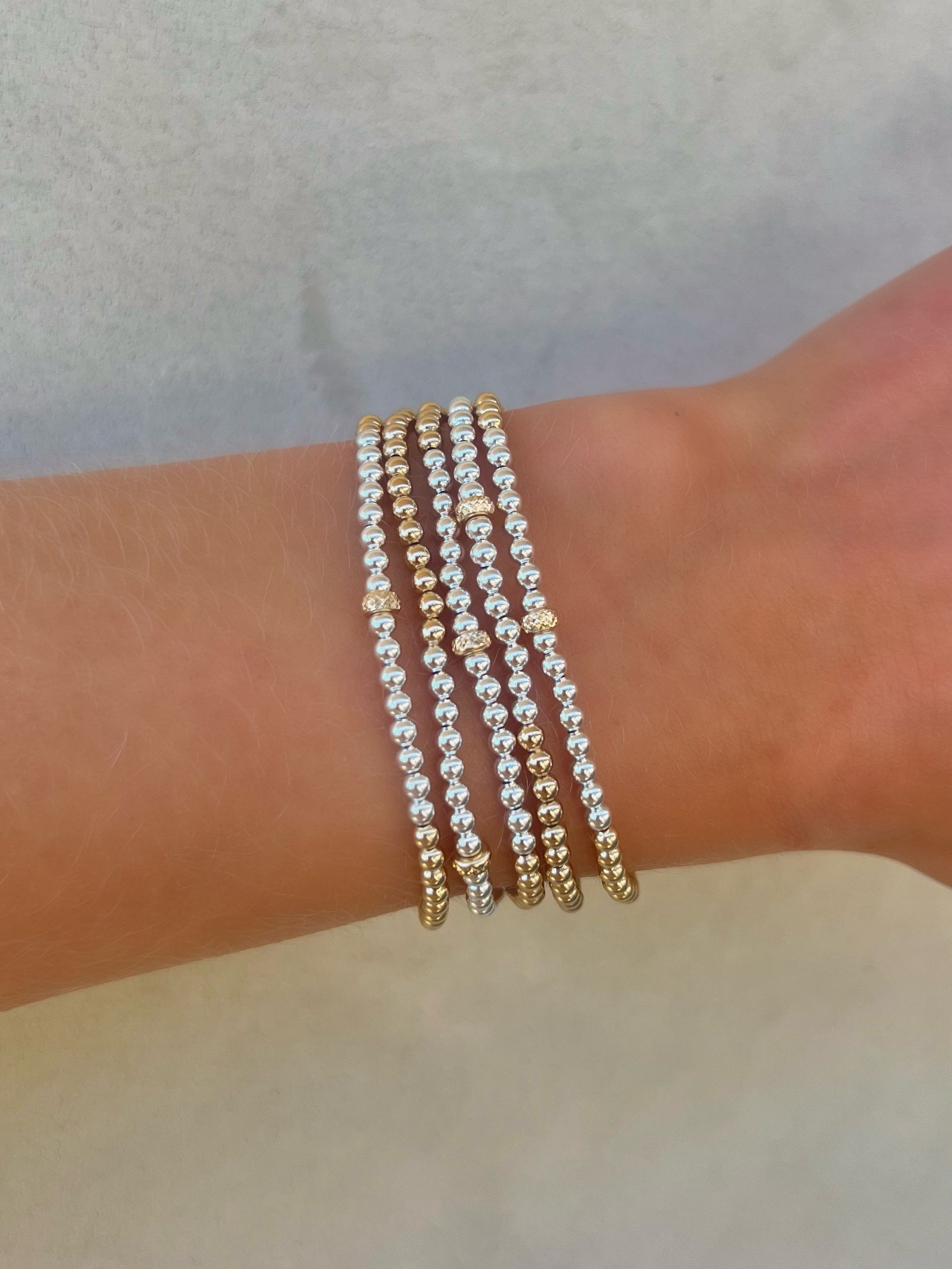 3MM Yellow Gold Filled Bracelet with 3MM Sterling Silver and 14K Gold Rondelle