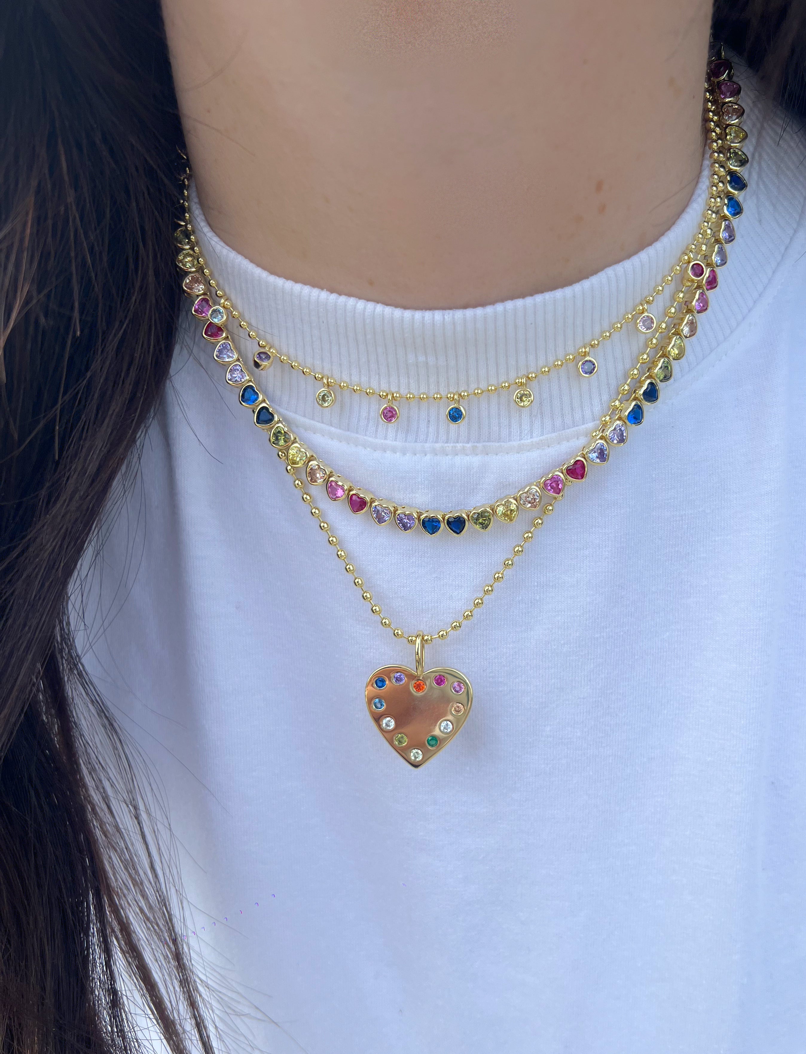 Rainbow Bezel Heart Tennis Necklace